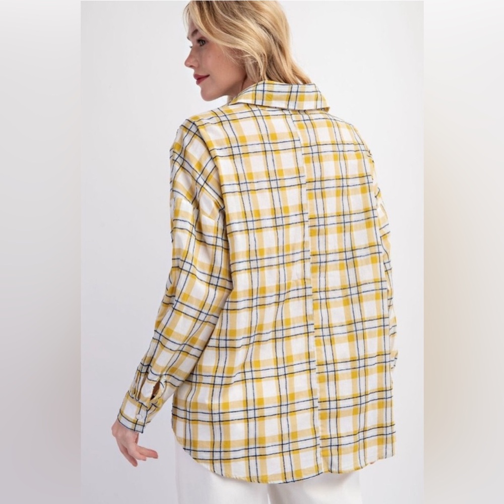 Easel Mustard White Checkered Button Down Shirt - Picture 3 of 3